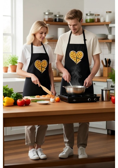Erkek Unisex Mutfak Aşçı Önlüğü Pizza Kalp Baskılı Rahat Kesim Gü Siyah