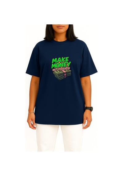 Bahriyeli Collection Oversize Para Kazan Arkadaş Değil Göğüs Baskılı Unisex T-shirt Lacivert