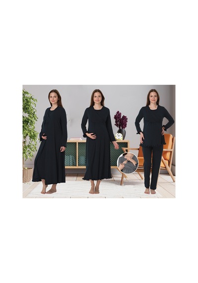 Effortt Dvina Lohusa 4'lü Set - Sabahlık/pijama Takımı/gecelik Lacivert - 4046 Lacivert