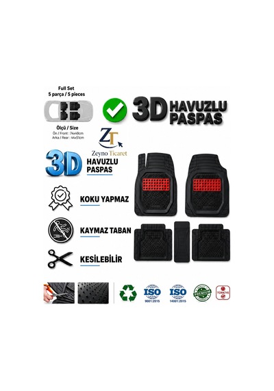 Citroen C4 Hb 2004 Uyumlu 3 Cm Havuzlu 5 Parça 3d Universal Oto Paspas Siyah-kırmızı