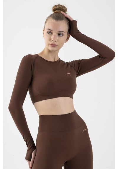 Maraton Active Slimfit Kadın Bisiklet Yaka Uzun Kol Training Sepya Crop Top 816005 Kahverengi
