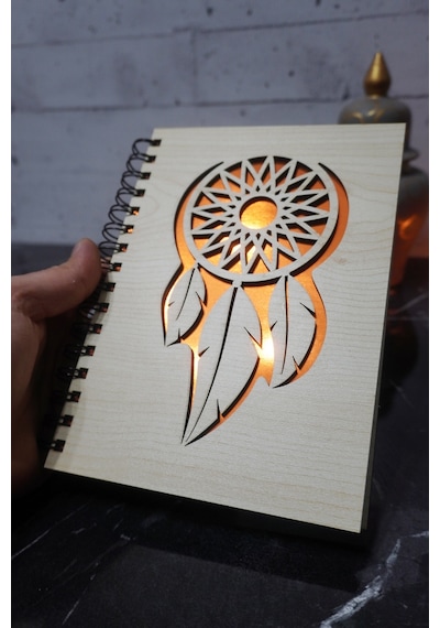 Rüya Kapanı Desenli Ahşap Kapaklı Defter - Ajanda - Günlük - Çizgisiz Defter - Anı Defteri
