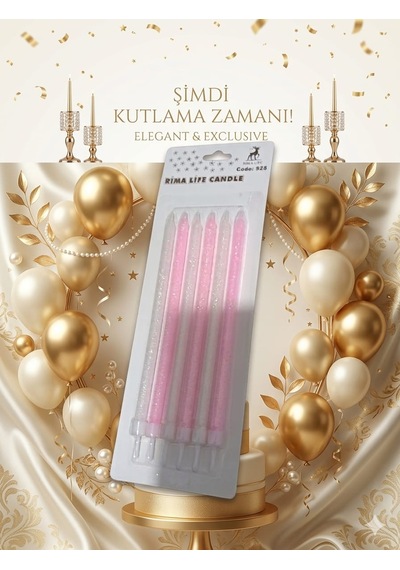 Rima Life Pembe Simli Doğum Günü Pasta Mumu, Parafin, 6'lı Paket, Kokusuz, Silindirik, Parti Dekorasyonu İçin +0