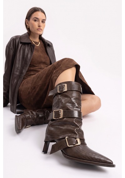 Luvi Shoes Ylva Kahverengi Çizgili Kemerli Kadın Topuklu Çizme