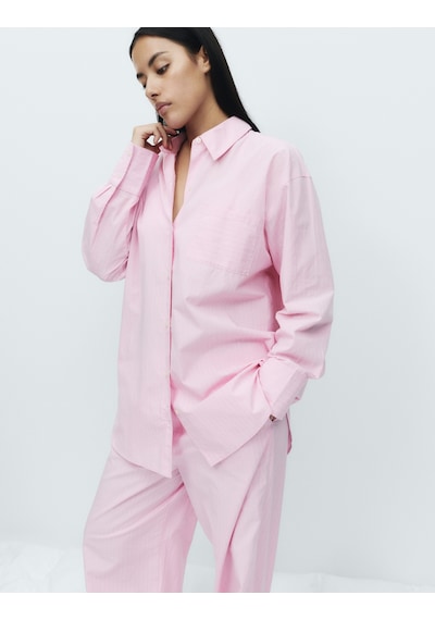 Marks & Spencer Saf Pamuklu Çizgili Poplin Pijama Üstü T37003702T Pembe