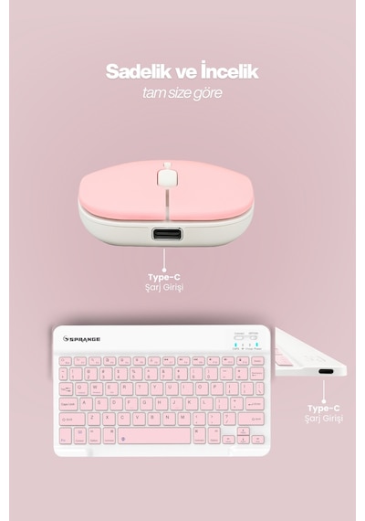 Tablet Ve Telefonlar İçin Bluetooth - Wireless Klavye Ve Mouse Set - Pembe Diğer