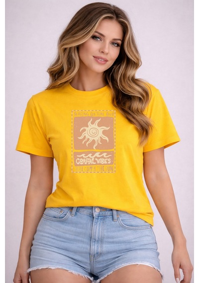 Herkesemoda Coastal Vibes Baskı Detaylı Basic T-shirt Sarı