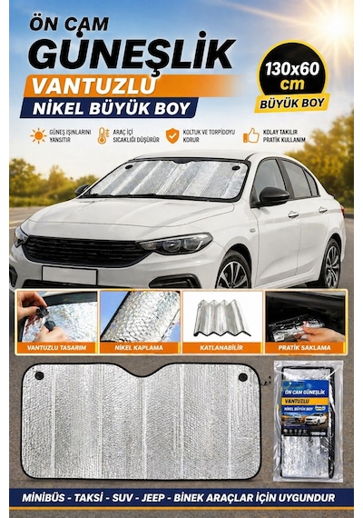 Oto Ön Cam Güneşlik 130x60 Cm Vantuzlu Nikel Araç Güneşliği