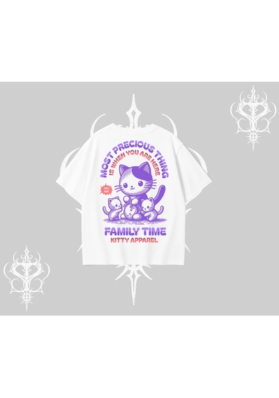 Tarzsokak Family Time Yazılı Sevimli Anne Kedi Arka Baskılı Oversize Tshirt Beyaz