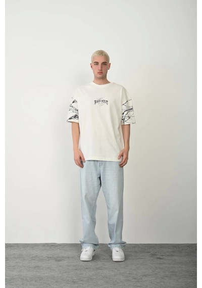 Unisex Baskılı Bisiklet Yaka Oversize T-shirt - Beyaz