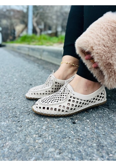 Dabab Shoes Vırena Kadın Bej Hakiki Deri File Bağcıklı Düz Taban Yazlık Babet Loafer Ayakkabı