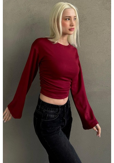 Madmext Bordo Bisiklet Yaka Yanları Büzgülü Geniş Kollu Kadın Bluz Mg2628