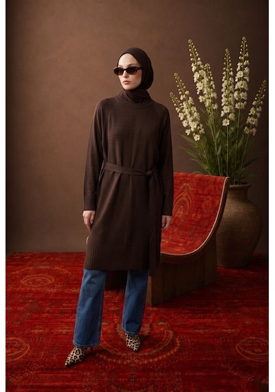 Armine Trend Kemer Detaylı Bisiklet Yaka Uzun Kollu Asimetrik Dokulu Triko Tunik Kahverengi 26ktd410 Armine Trend Kemer Detaylı Bisiklet Yaka Uzun Kollu Asimetrik Dokulu Triko Tunik Kahverengi 26ktd410