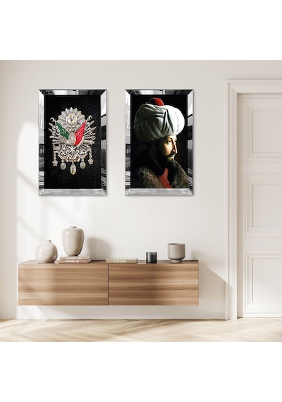 Gümüş Aynalı Pleksi Çerçeveli Fatih Sultan Mehmet Ve Osmanlı Tuğrası İkili Mdf Tablo Seti