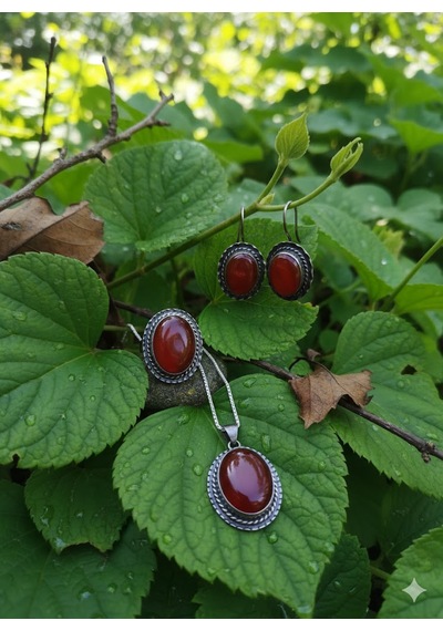 Akik Taşlı Gümüş Set Bronz
