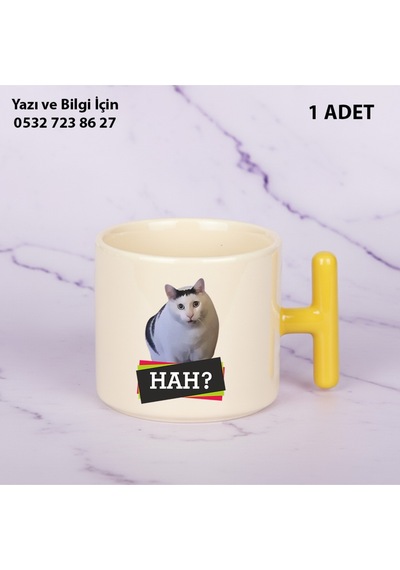 Beyaz Kedi Baskılı Kişiye Özel İsimli Hediyelik T Kupa Bardak-kedi Sevenler İçin Özel Hediye Sarı