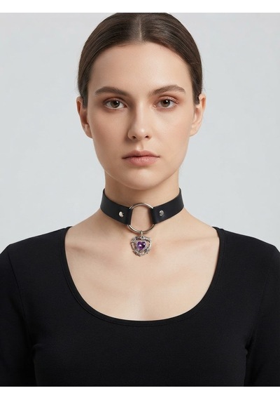 Siyah Pu Deri Haç Figürlü Choker Kolye Gümüş Renk Halka Detaylı Gotik Tarz Kadın Kolye Gtk66 Mor