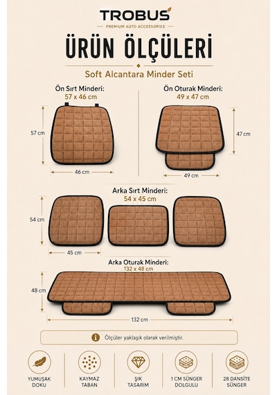 Opel Astra 2000-2004 Üniversal Soft Alkantra Kare Desen 7 Parça Oto Koltuk Minderi Taba