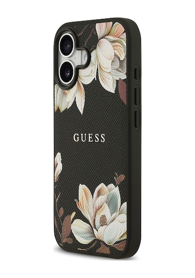 Apple Uyumlu iPhone 17 Kılıf Guess Lisanslı M-safeli Taneli Çiçek Tasarımlı Metal Yazı Logolu Kapak Siyah Siyah