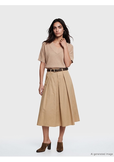 Lcw Vision Bej Beli Kemerli Poplin Pileli Etek