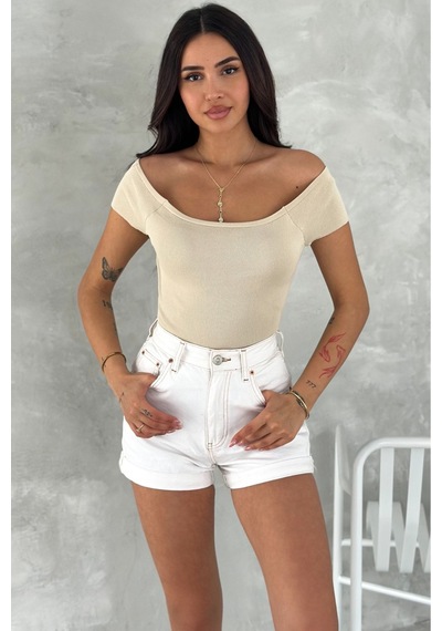 Femelle Kadın Bej Standart Beden Triko Crop Bluz