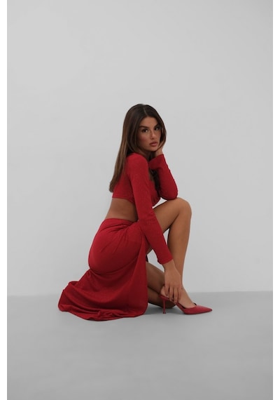 Ge Ticaret Yırtmaçlı Etek Ve Crop Bluz Takım Kırmızı
