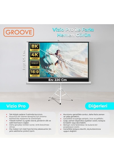 Groove Vizio Pro 100 Inch 220x125cm Blackout Işık Geçirmez Tripod Ayaklı Projeksiyon Perdesi