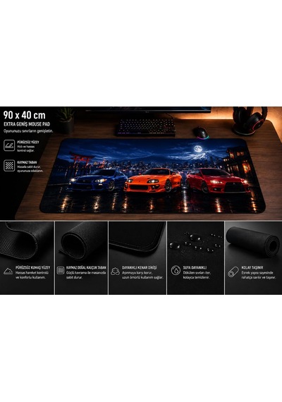 Kuzey's Store Büyük Boy 90x40 Xxl Mouse Pad Kauçuk Kaymaz Alt Taban Yumuşak Kumaş Oyuncu Mousepad Bilgisayar Ve Dizüstü Notebook Uyumlu Tokyo Araba