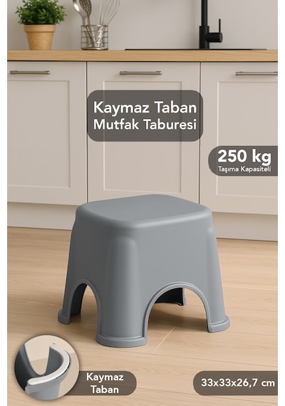 Kaymaz Banyo Taburesi - Kaydırmaz Tabanlı Çok Amaçlı Tabure 250 Kg Taşıma Kapasiteli Gri