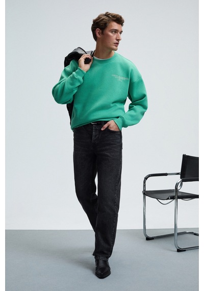 Grimelange PERCY Erkek Yuvarlak Yaka Göğsü Nakışlı Sırtı Baskılı Oversize Yeşil Sweatshirt