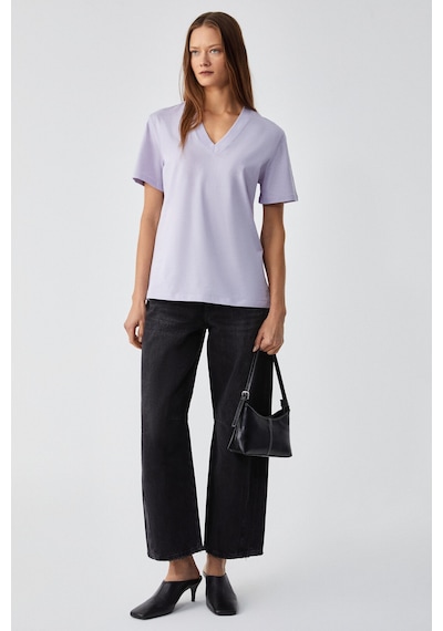 Grımelange Alıne Kadın %100 Organik Pamuk Derin V Yakalı Comfort Fit Lila T-shirt Lila