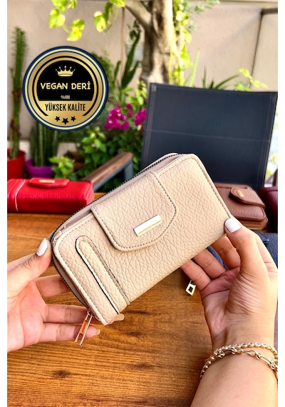 Lavinia Krem Vegan Deri Kadın Cüzdan Fermuarlı Ve Mıknatıslı 16x9 Cm Krem