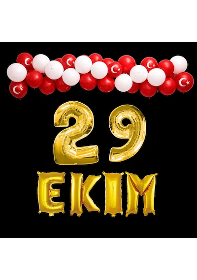 29 Ekim Cumhuriyet Bayramı Temalı Gold Folyo Rakam Ve Harf Kırmızı Beyaz Ay Yıldız Balonlar Beyaz - Kırmızı