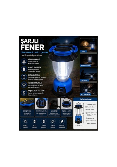 Şarjlı Güneş Enerjili Led Fener Kamp Lambası Taşınabilir Acil Durum Işığı Mavi - 870544666 Mavi