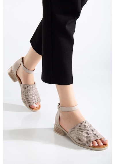 Analin Shoes Kadın Hakiki Deri Kalın Bantlı Alçak Topuklu Sandalet Silvergrey