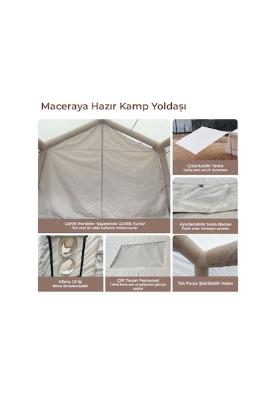 12 Kişilik 12x 12 M² Tenteli Gölgelikli, 4 Mevsim, Su Geçirmez 420d Oxford Kumaşlı Şişme Çadır 400 300 235cm Bej