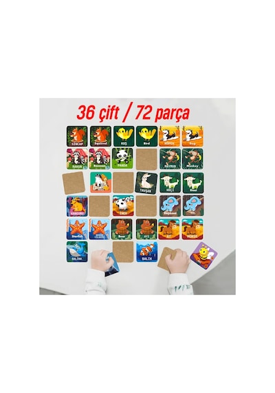 Kututr Ahşap Zeka Kartı Eşleştirme Oyunu 72 Parça Sevimli Hayvanlar İngilizce-türkçe Kartlar