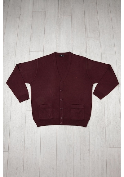 Woolen World Ön Cepli V Yaka Battal Büyük Boy Düğmeli Yünlü Triko Hırka Bordo