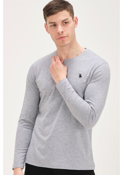 T8588 Dewberry Bisiklet Yaka Uzun Kol T-shırt-gri Gri