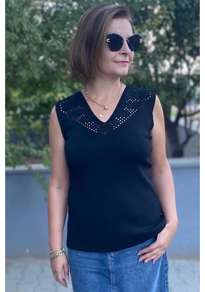 Mia Butik Kadın Lina Siyah Merserize Kolsuz Bluz Siyah