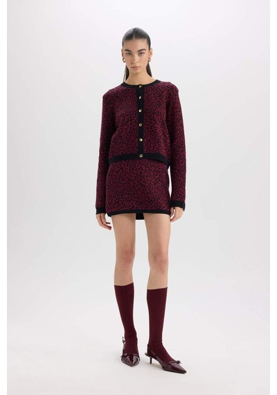 DeFacto A Kesim Leopar Desenli Mini Triko Etek D8516AX24WNBR115 Bordo
