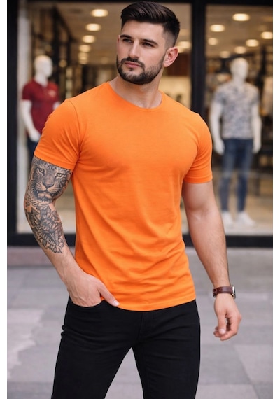Novalisse Erkek Body Tişört Bisiklet Yaka Slim Fit Likralı T-shirt - Turuncu Çoklu Renk