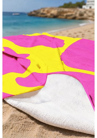 Modern Shit Yazılı Geometrik Plaj Havlusu - Fuşya Sarı Pop Art Hızlı Kuruyan Mikrofiber Havlu Ayaz Menekşe