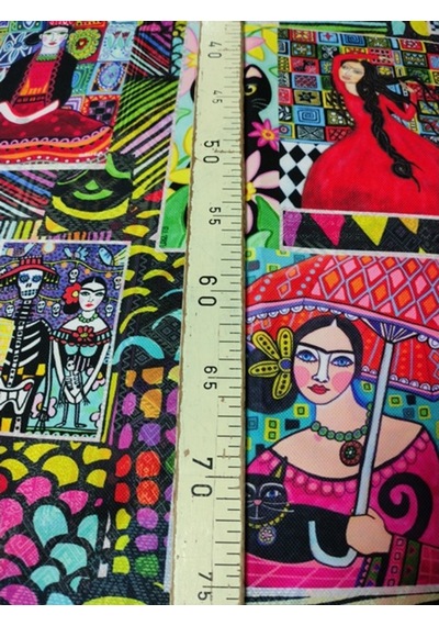 Renkli Geometrik Zeminli Frida Kahlo Desenli Kumaş