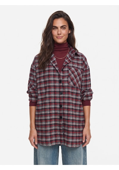 Onloox Kadın Kırmızı-beyaz Kırmızı Beyaz Pamuklu Kumaş Gömlek Yaka Oversize Tek Cep Detaylı Ekose Gömlek