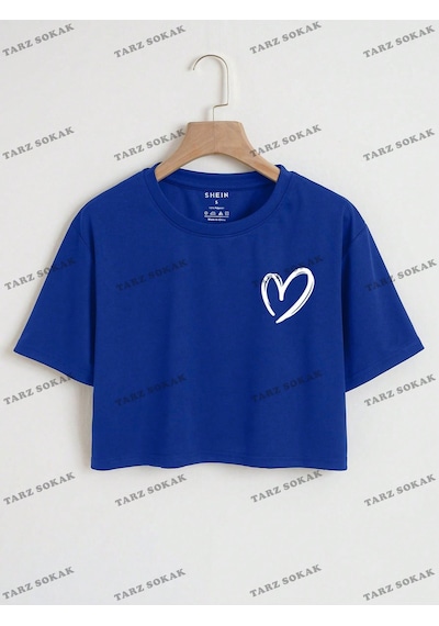 Flood Of Style Crop Ckod-232913 Kalp Desenli Kısa Mavi