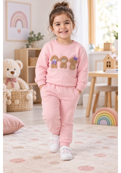 Tucankids Kız Çocuk Pembe Ayıcık Nakışlı 2 İplik Eşofman Takımı