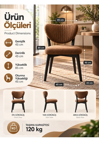 Mutfak Sandalyesi Modern Kahve Kumaş Salon Sandalyesi Siyah Ayak Elma Model Kahverengi
