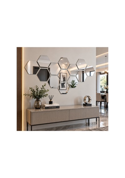 Kendinden Yapışkanlı Altıgen Dekoratif Duvar Aynası 1 Mm Kalınlık Petek Model Modern Salon, Antre Ve Yatak Odası Aynası Gümüş