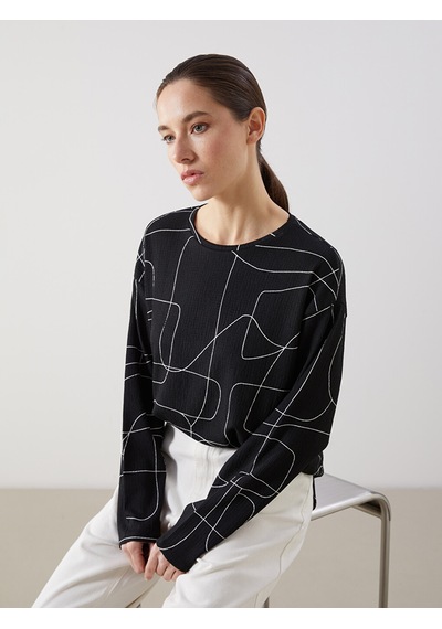 Lcwaıkıkı Classic Ekru Bisiklet Yaka Desenli Oversize Kadın Tişört